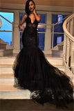 Sexy V-Neck Mermaid Black Prom Dresses  Tulle Sequins Evening Gowns SK0126