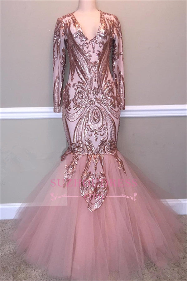 Sexy V-Neck Mermaid Prom Dresses | Long-Sleeves Tulle Sequins Evening Dresses