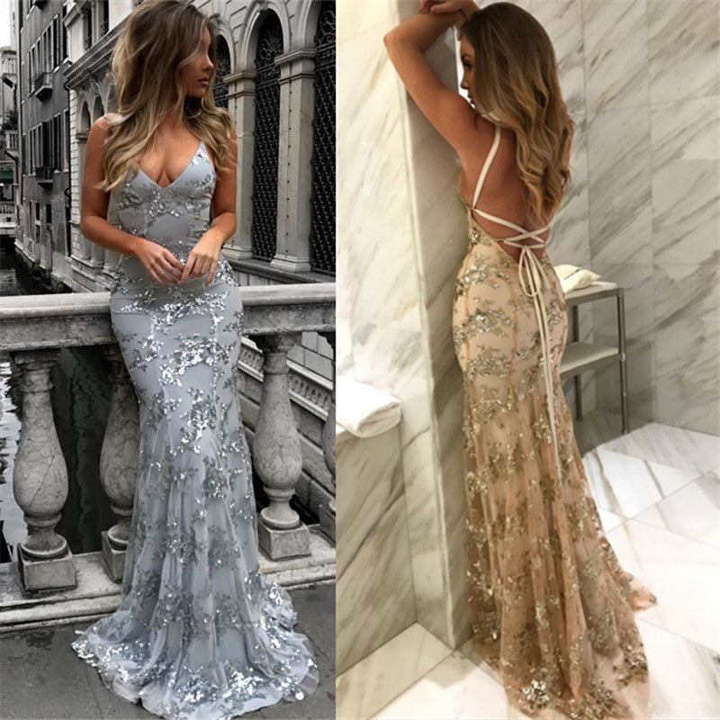 Sexy V-Neck Mermaid Prom Dresses Sequined Backless Evening Gowns SK0022