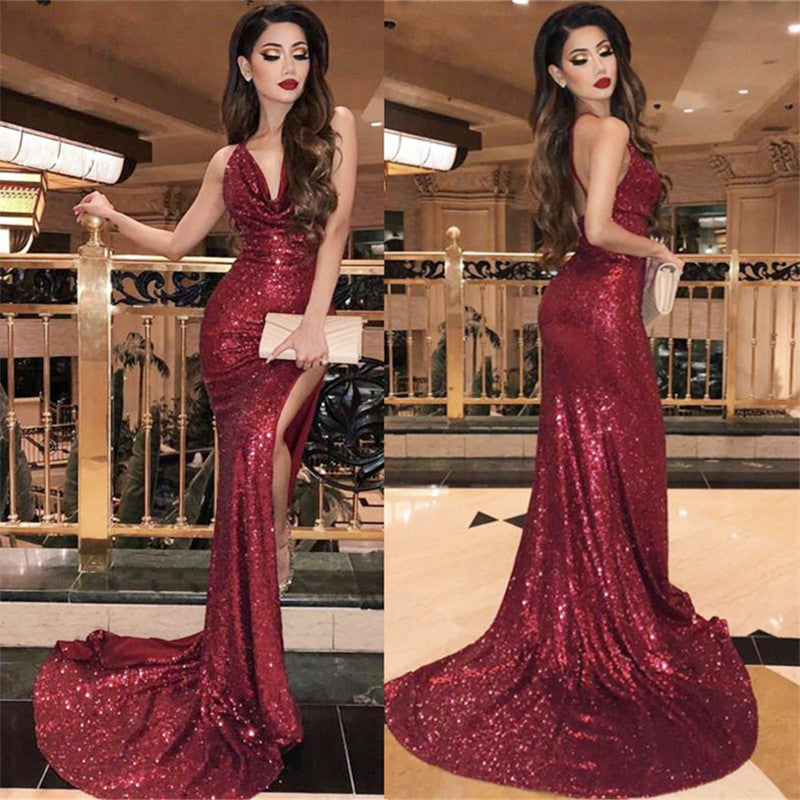 Sexy V-Neck Sleeveless Mermaid Prom Dresses | Sequins Front Split Sweep Train Evening Gown