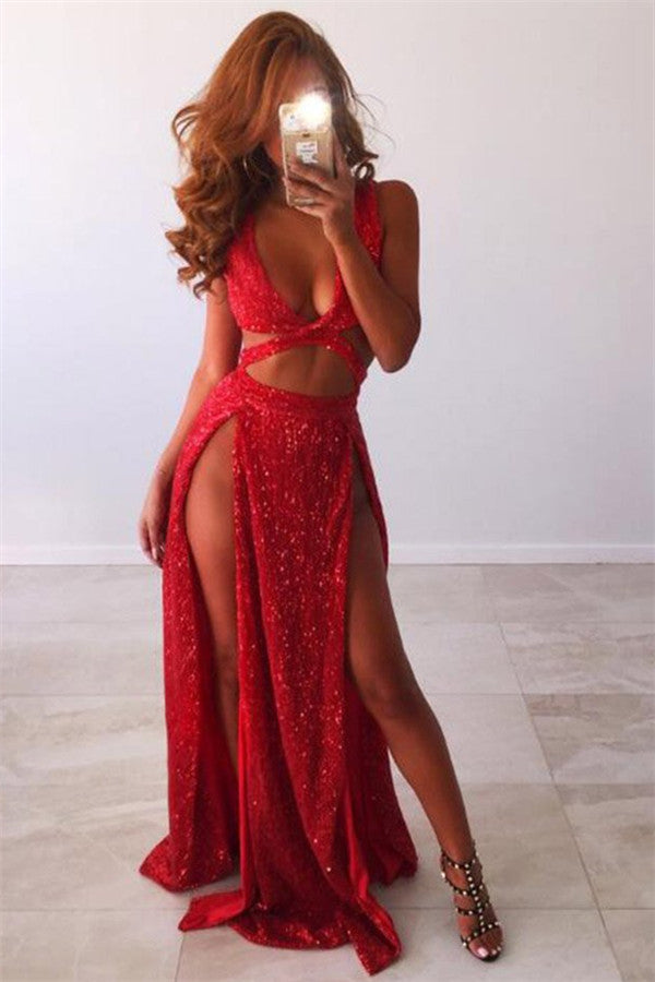 Sexy V-Neck Sleeveless Sequins Long Prom Dresses | Front Split Floor-Length Mermaid Evening Gown BC0905