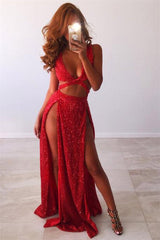 Sexy V-Neck Sleeveless Sequins Long Prom Dresses | Front Split Floor-Length Mermaid Evening Gown BC0905