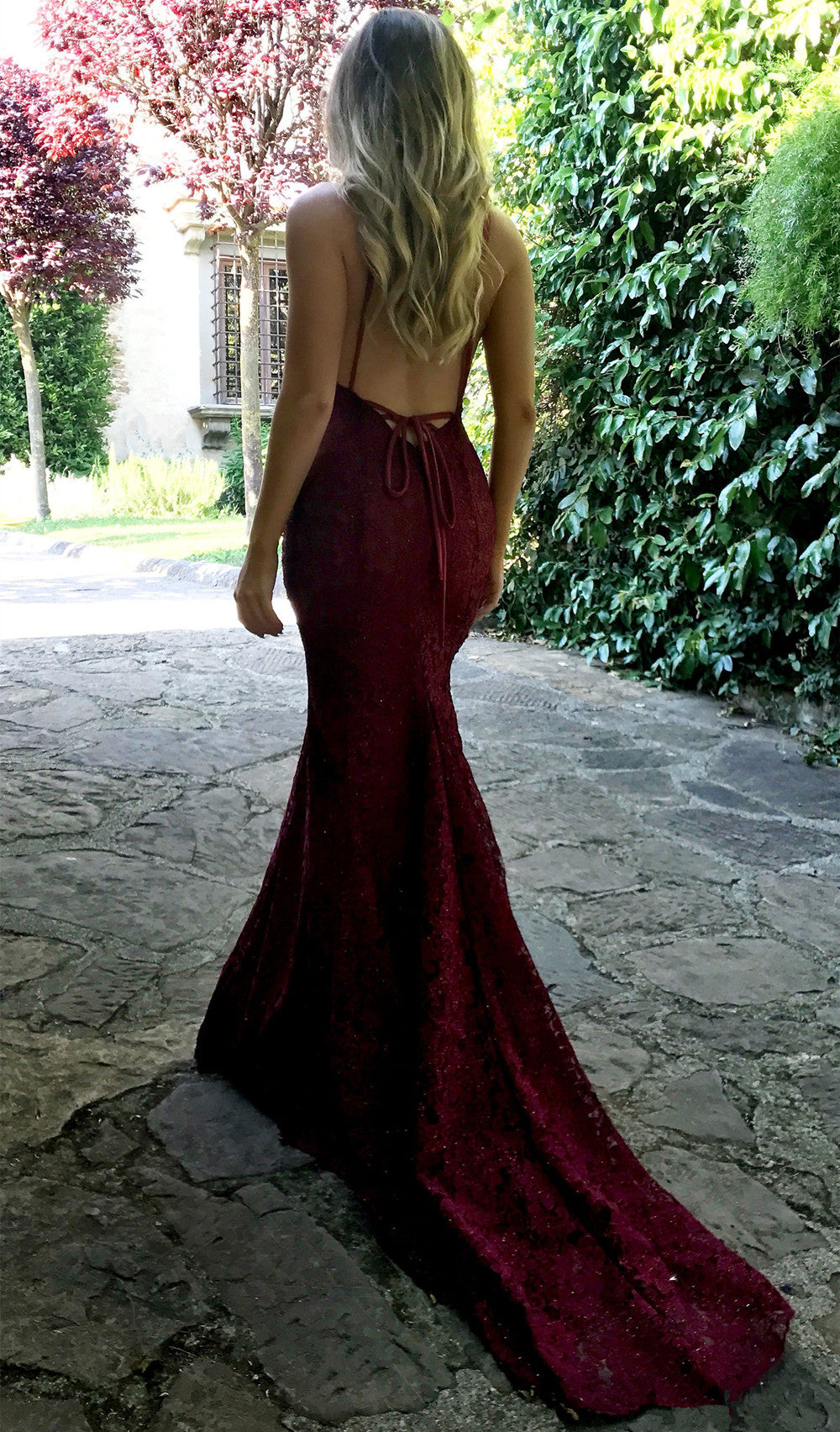 Sexy V-neck Burgundy Lace Formal Evening Dresses Backless Mermaid Prom Dress FB0157
