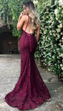Sexy V-neck Burgundy Lace Formal Evening Dresses Backless Mermaid Prom Dress FB0157