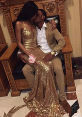 Sexy V-neck Gold Sequin Prom Dress | Spaghetti Straps Long Train Sparkling Evening Dress
