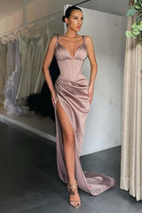 Sexy V-neck High-split Mermaid Ruched Long Evening Prom Dresses