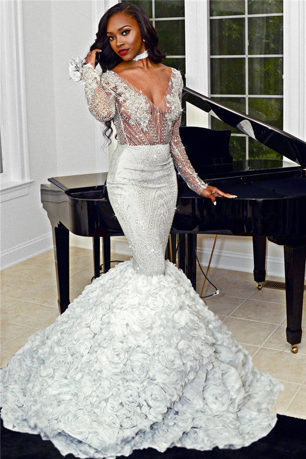 Sexy V-neck Long Sleeve Prom Dresses | Mermaid Beads Flowers Mermaid Graduation Dresses bc1188