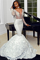 Sexy V-neck Long Sleeve Prom Dresses | Mermaid Beads Flowers Mermaid Graduation Dresses bc1188