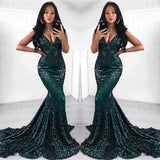 Sexy V-neck Shiny Dark Green Sequins Evening Dresses | Mermaid Court Train Prom Dresses