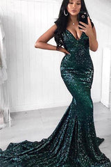Sexy V-neck Shiny Dark Green Sequins Evening Dresses | Mermaid Court Train Prom Dresses