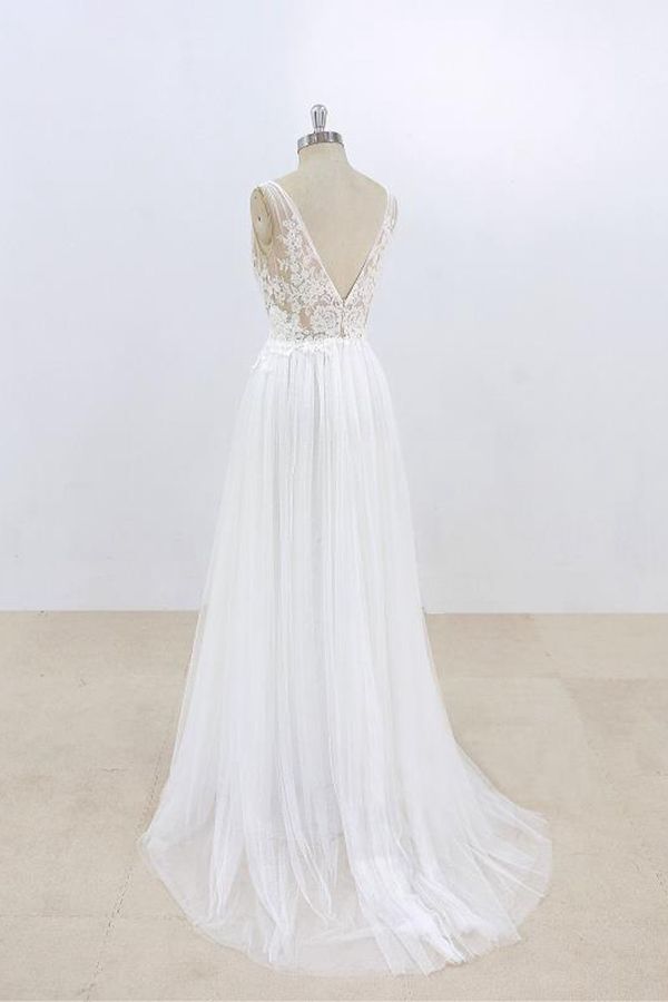 Sexy V-neck Sleeveless Straps Wedding Dress | White Tulle Ruffles Lace Bridal Gowns