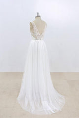 Sexy V-neck Sleeveless Straps Wedding Dress | White Tulle Ruffles Lace Bridal Gowns