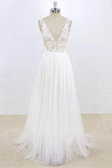 Sexy V-neck Sleeveless Straps Wedding Dress | White Tulle Ruffles Lace Bridal Gowns