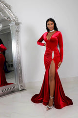 Sexy V-neck Split Front Mermaid Prom Dress With Long Sleeves