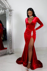 Sexy V-neck Split Front Mermaid Prom Dress With Long Sleeves