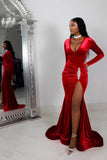 Sexy V-neck Split Front Mermaid Prom Dress With Long Sleeves
