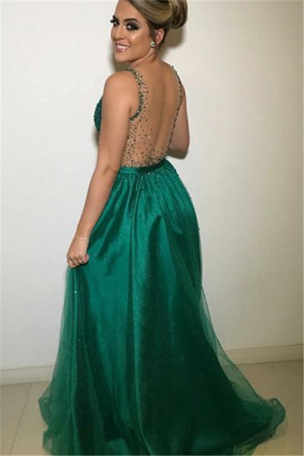 Sexy V-neck Tulle Sleeveless Prom Dresses | Straps Appliques Floor-length Party Dresses