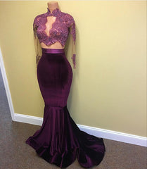 Sexy Velvet Evening Gown High Neck Lace Long Sleeve Prom Dress with Keyhole BA4641