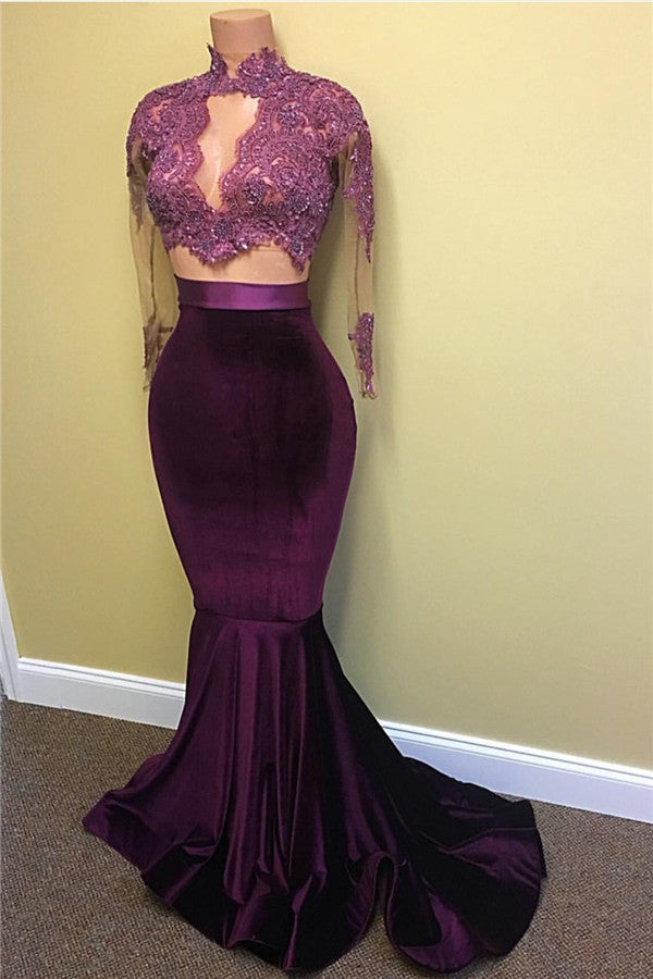Sexy Velvet Evening Gown High Neck Lace Long Sleeve Prom Dress with Keyhole BA4641