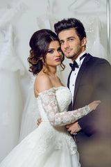 Sexy White Lace Long Sleeve Wedding Dress Ball Gown Bridal Dress