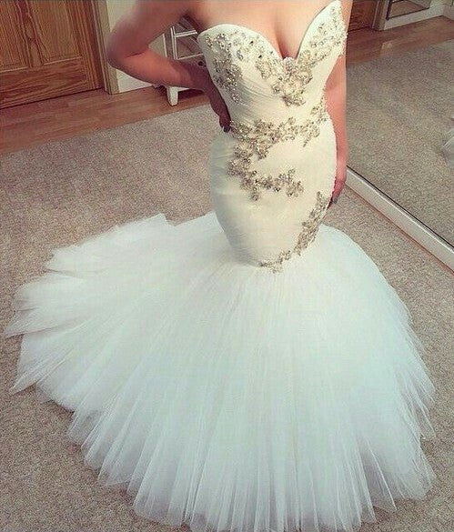 Sexy White Sweetheart Tulle Long Wedding Dress New Arrival Mermaid Custom Made Bridal Gowns