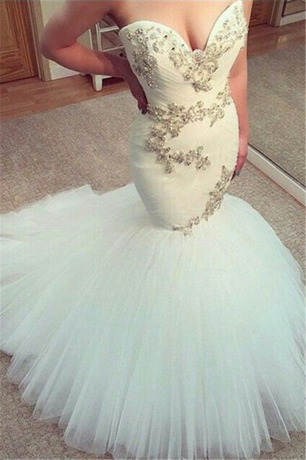 Sexy White Sweetheart Tulle Long Wedding Dress New Arrival Mermaid Custom Made Bridal Gowns