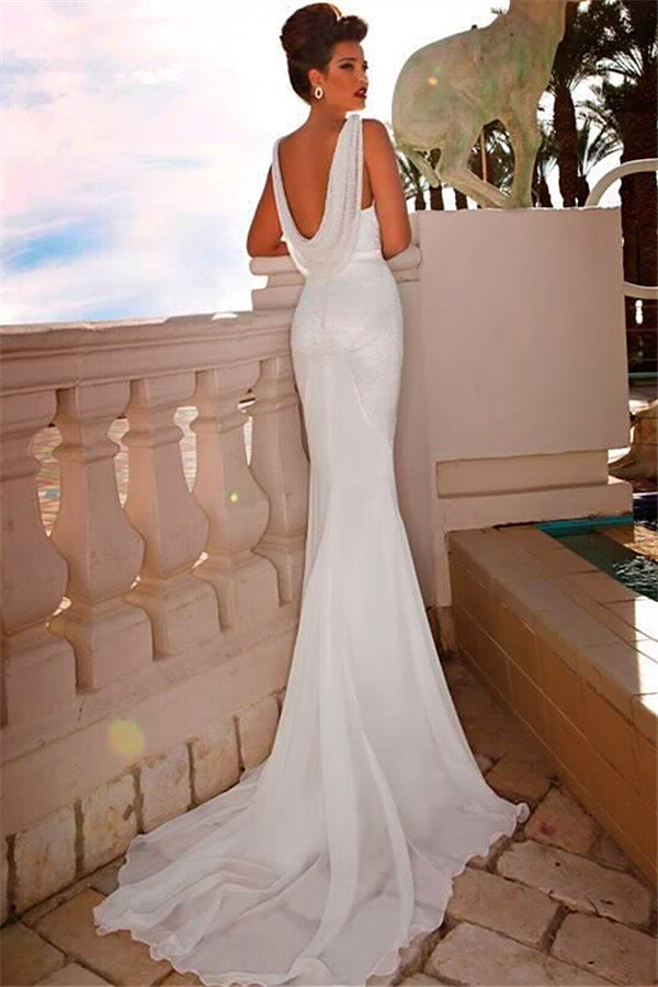 Sexy White V-Neck Bridal Dresses Mermaid Lace Sweep Train Backless Wedding Dresses