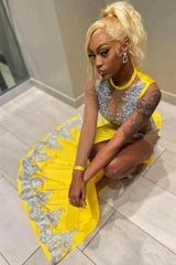 Sexy Yellow Jewel Long Lace Sleeveless Mermaid Prom Dresses With Slit