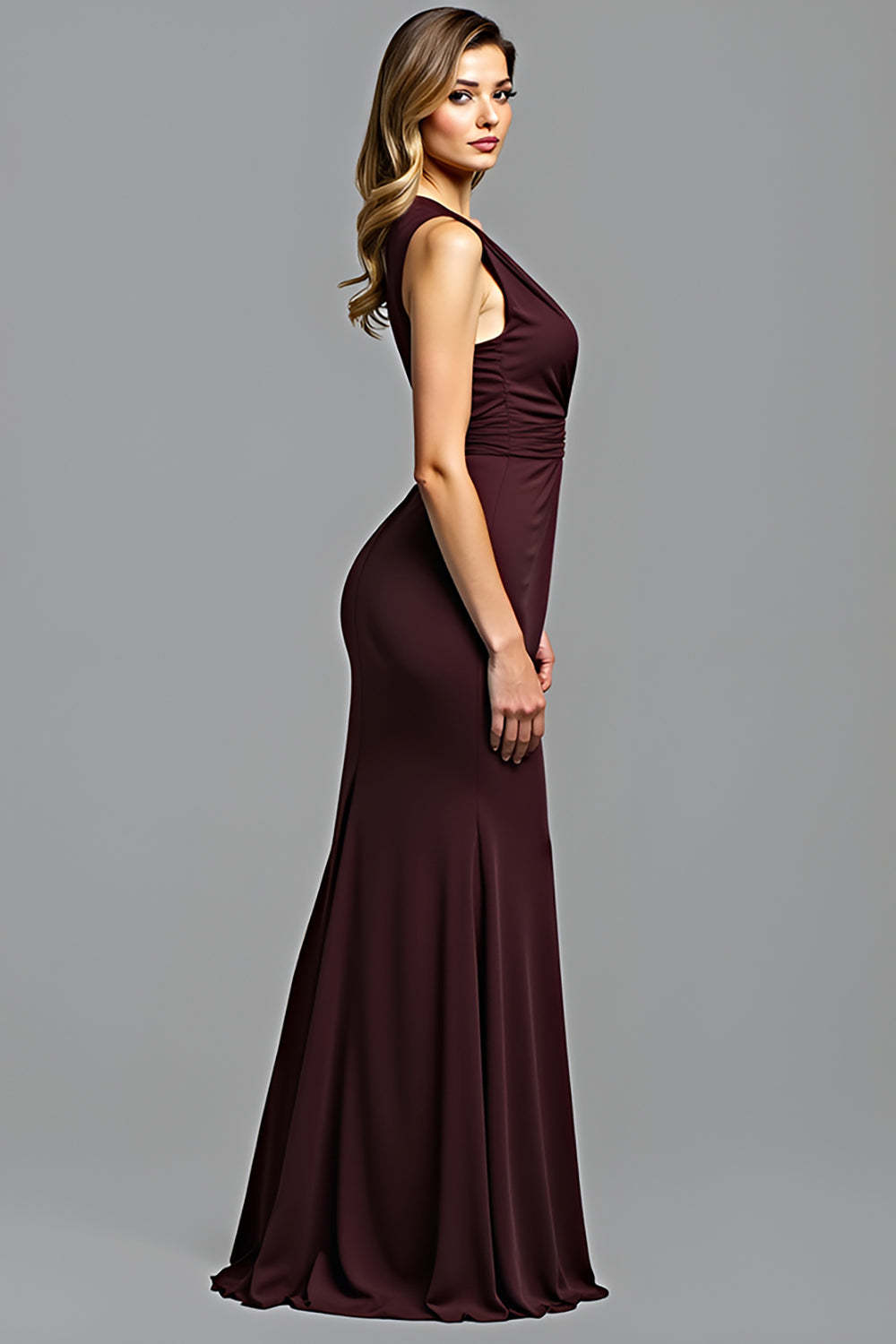 Sheath Cabernet Sleeveless Deep V-Neck Long Formal Dress