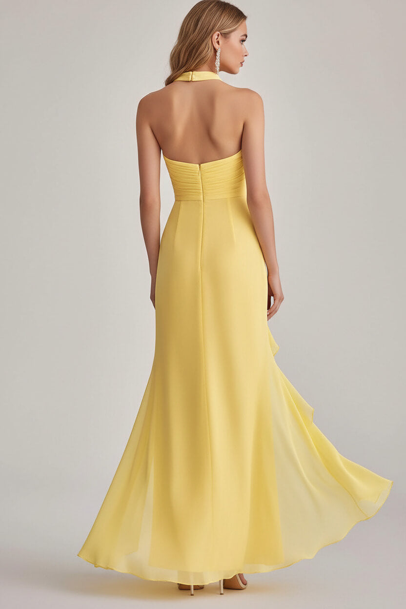 Sheath Chiffon Light Yellow Halter Neck Long Formal Dress