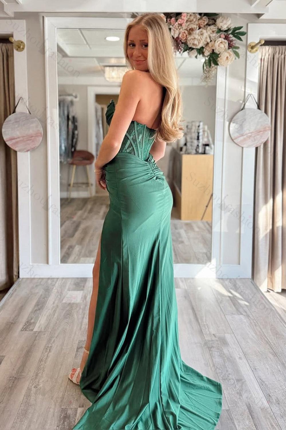 slim fit dress slacks Suzhoufashion Sheath Dark Green Prom Dress Corset Satin Formal Dress With  Slit – suzhoufashion