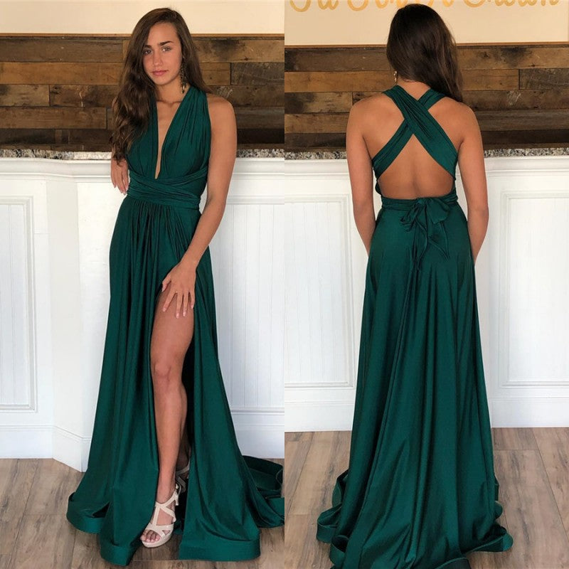 Sheath Green Side-Split V-neck Floor-Length Excellent Evening Dresses