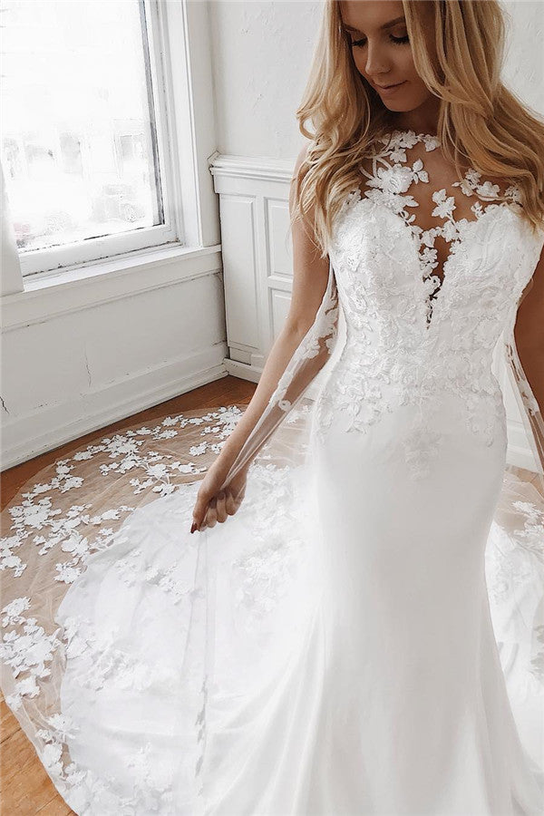 Sheath Jewel Glamorous Appliques Sleeveless Cathedral-Train Wedding Dresses | Suzhoufashion Sheath Jewel Glamorous Appliques Sleeveless Cathedral-Train Wedding Dresses | Suzhoufashion