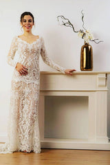 Sheath Lace Long Sleeves Beach Wedding Dress Online