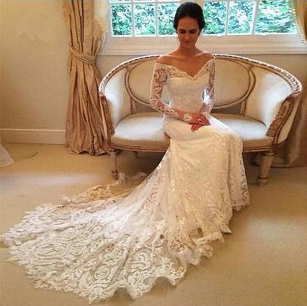 Sheath Long-Sleeve Lace Off-the-shoulder Court-Train V-neck Beach Wedding Dresses