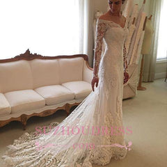 Sheath Long-Sleeve Lace Off-the-shoulder Court-Train V-neck Wedding Dresses