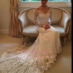 Sheath Long-Sleeve Lace Off-the-shoulder Court-Train V-neck Wedding Dresses