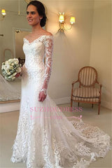 Sheath Long-Sleeve Lace Off-the-shoulder Court-Train V-neck Wedding Dresses