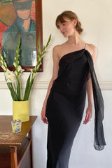 Sheath One Shoulder Black Floor Length Party Dress With Ruffles Formal Evening Gown
