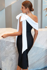 Sheath One Shoulder Black Homecoming Dresses Party Dress with Bowknot