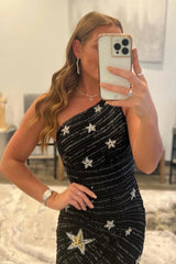 Sheath One Shoulder Black Homecoming Dresses Sequin Short Cocktail Dresses with Star