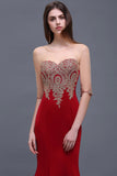 Sheath Round Neck Floor-Length Burgundy Prom Dress With Applique On Sale