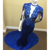 Sheath Scoop Royal-Blue Lace Long-Sleeve Appliques Tulle Sheer Prom Dress