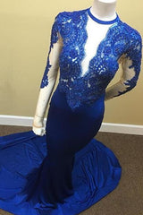 Sheath Scoop Royal-Blue Lace Long-Sleeve Appliques Tulle Sheer Prom Dress