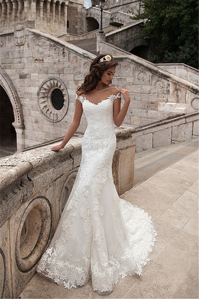 Sheath Sheer Top Wedding Dresses Lace Court Train Bridal Gowns with Buttons EDE008 | Suzhoufashion Sheath Sheer Top Wedding Dresses Lace Court Train Bridal Gowns with Buttons EDE008 | Suzhoufashion