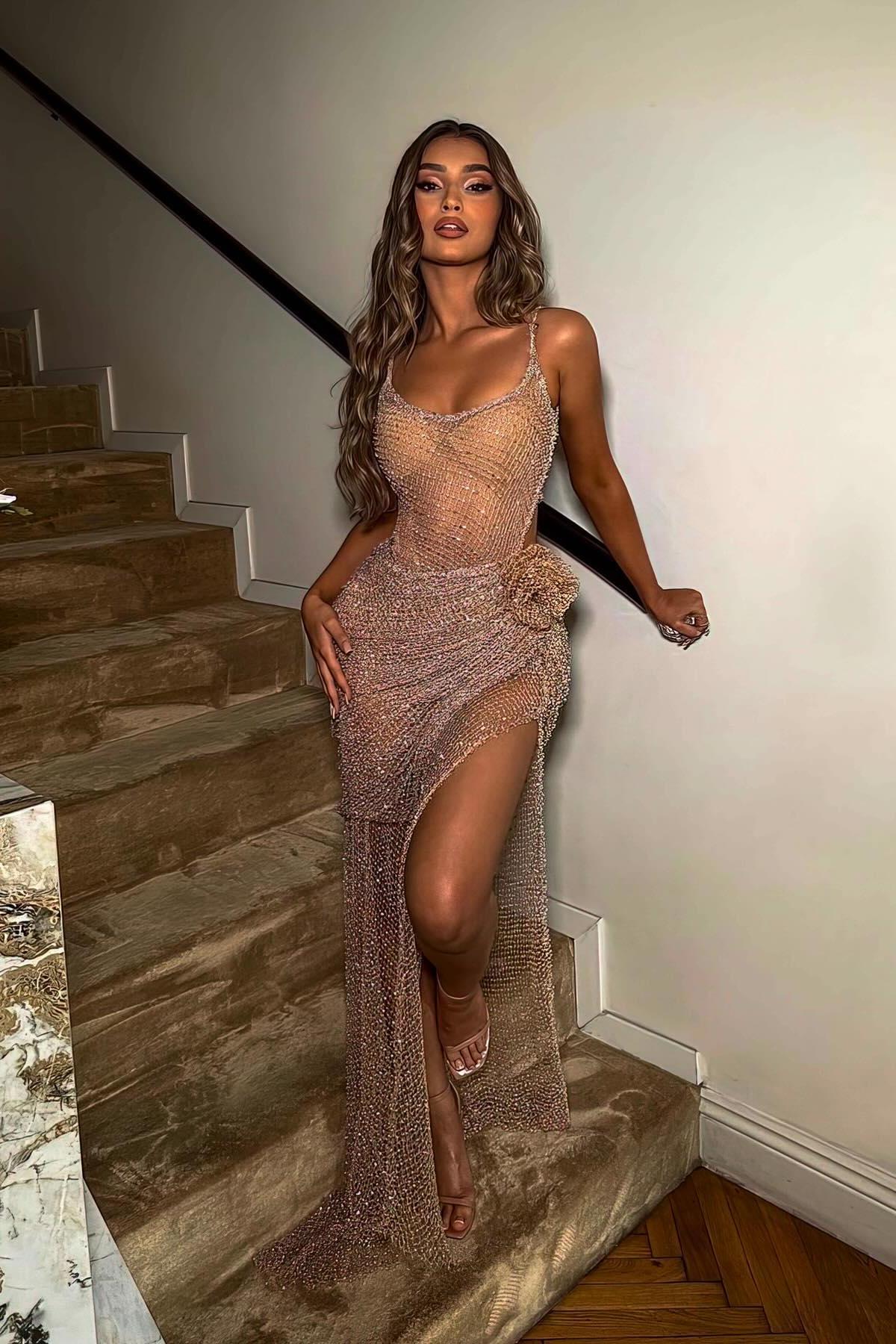 Sheath Spaghetti Strap Champagne Long Split Evening Formal Dress