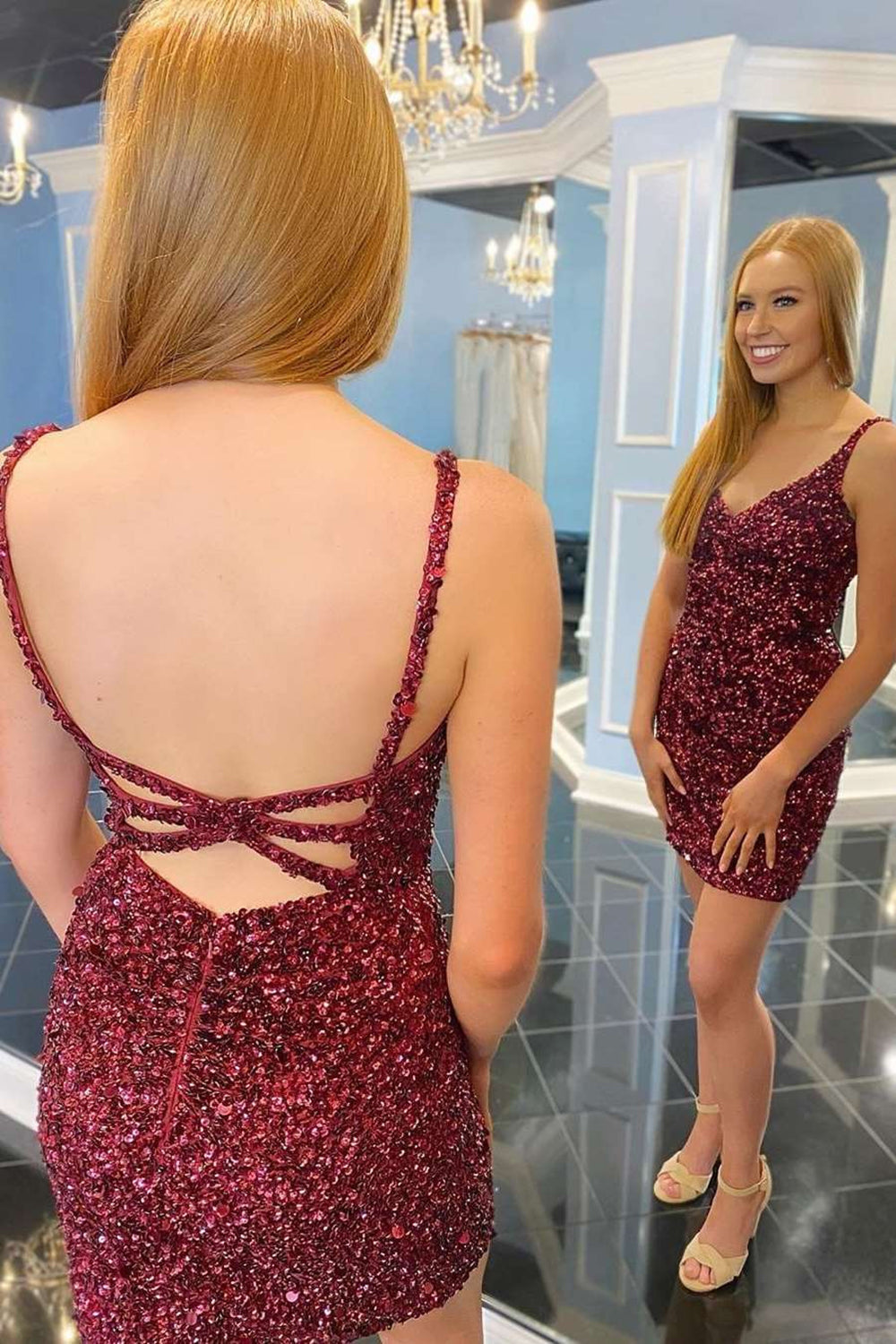 Sheath Spaghetti Straps Royal Blue Homecoming Dresses Sequin Short Cocktail Dress