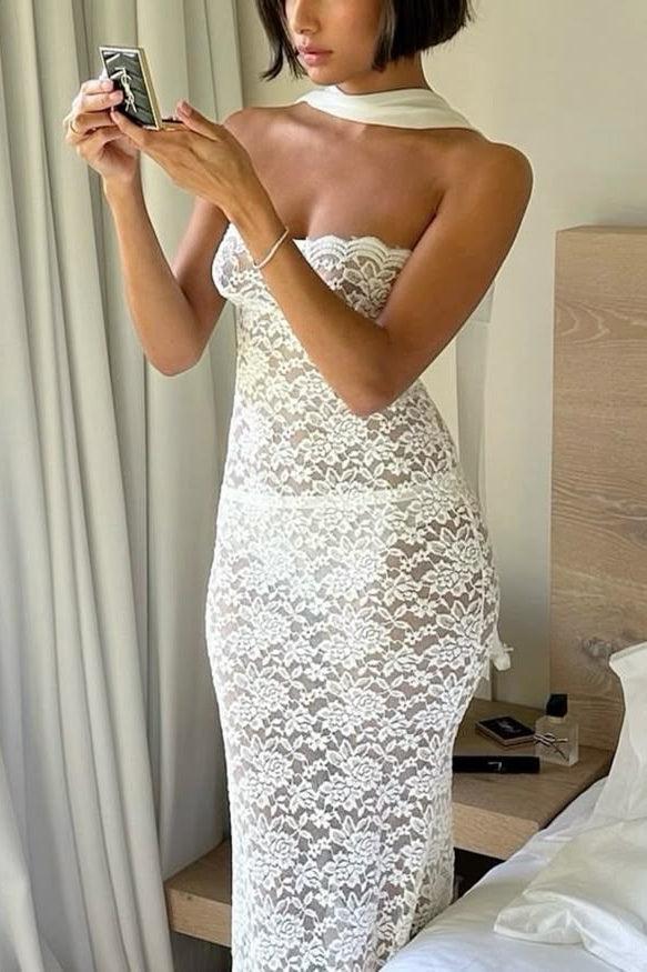 Sheath Strapless White Lace Tea Length Party Dress Formal Evening Gown