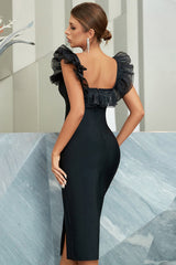 Sheath V Neck Tea Length Black Homecoming Dresses Party Dress