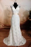 Sheath V-neck Lace Wedding Dresses Sleeveless Bowknot Bride Dress with Sash